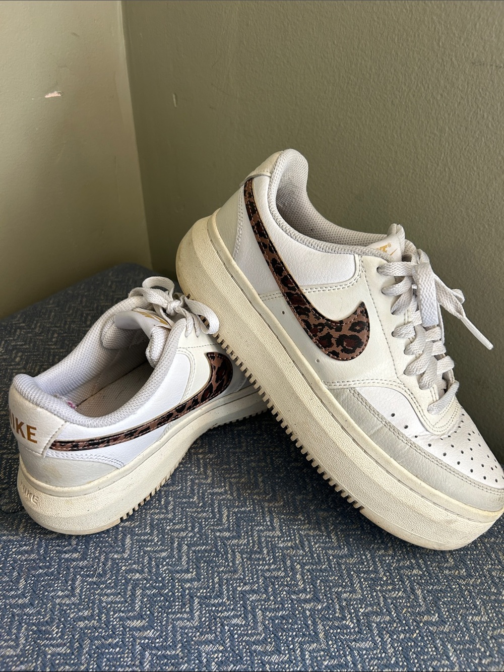 Nike White Women’s Platform Sneakers with Brown Leopard Swoosh